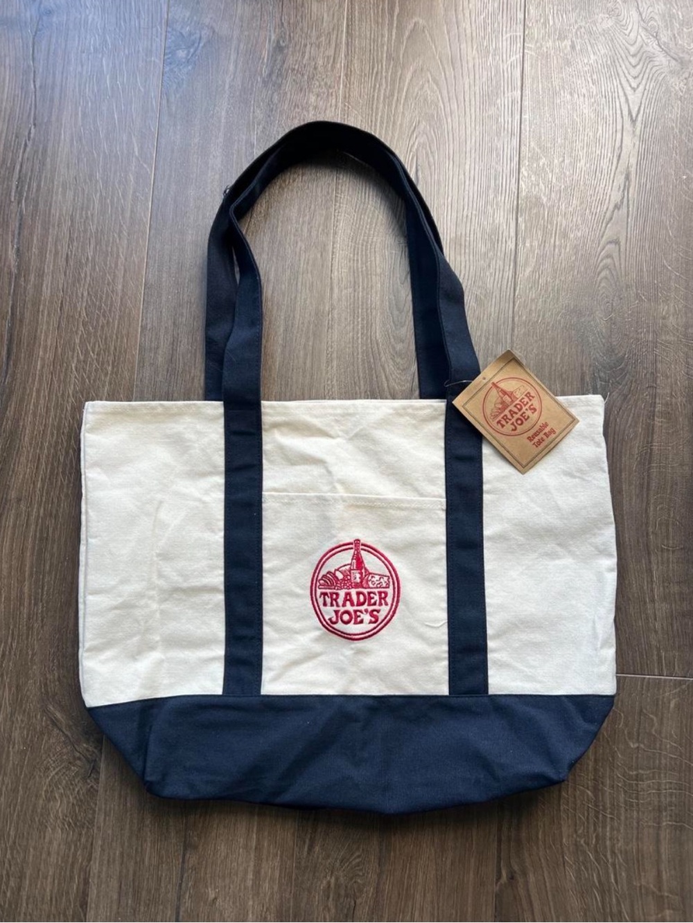 Trader Joe's Canvas Tote Bag in White and Navy with Red Logo